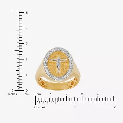 Crucifix Mens White Cubic Zirconia 10K Gold Cross Signet Ring