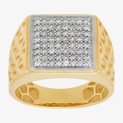 Mens White Cubic Zirconia 10K Gold Square Signet Ring