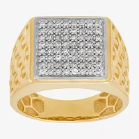 Mens White Cubic Zirconia 10K Gold Square Signet Ring