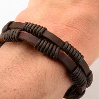 Mens Double-Row Brown Leather and Rope Wrap Bracelet