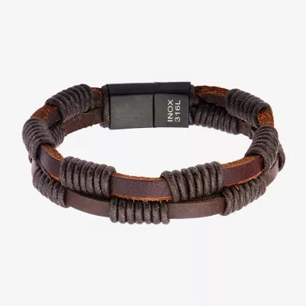 Mens Double-Row Brown Leather and Rope Wrap Bracelet