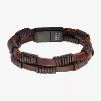 Mens Double-Row Brown Leather and Rope Wrap Bracelet