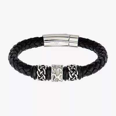 Mens Black Braided Leather and Stainless Steel Celtic Knot Bracelet