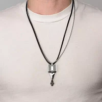 Inox® Jewelry Mens Black Leather, Stainless Steel and Black IP Cross Pendant