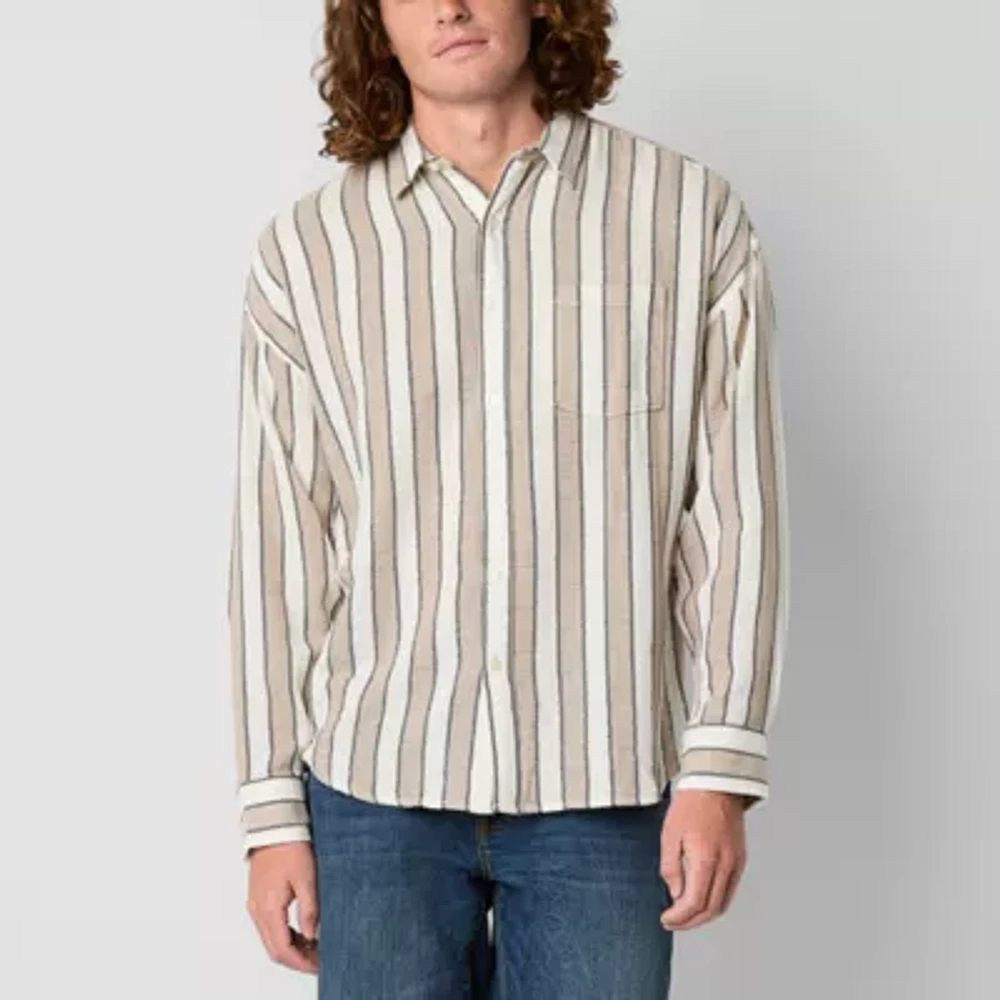 Arizona Mens Long Sleeve Striped Button-Down Textured Shirt