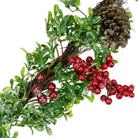 6' Glittered Artificial Boxwood  Pine Cone and Red Berry Christmas Garland- Unlit