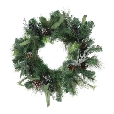 Mixed Pine with Blueberries Pine Cones and Ice Twigs Artificial Christmas Wreath - 24-Inch  Unlit