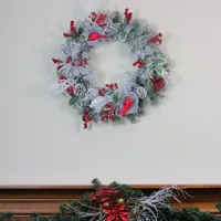 Berries and Red Cardinals in Nests Flocked Artificial Christmas Wreath  24-Inch  Unlit