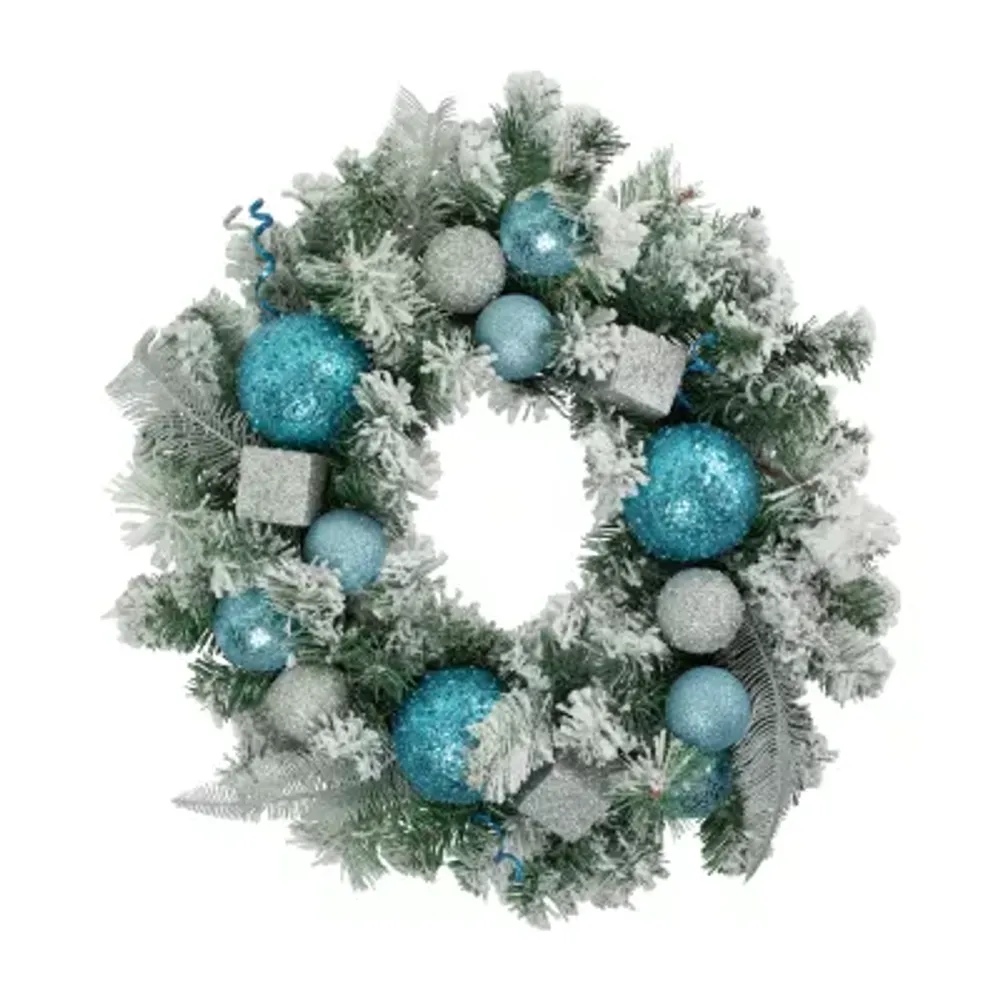 Flocked Pine with Teal and Silver Ornaments Artificial Christmas Wreath  24-Inch  Unlit