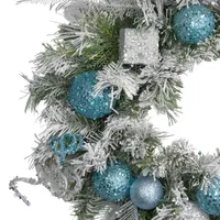 Flocked Pine with Teal and Silver Ornaments Artificial Christmas Wreath  24-Inch  Unlit