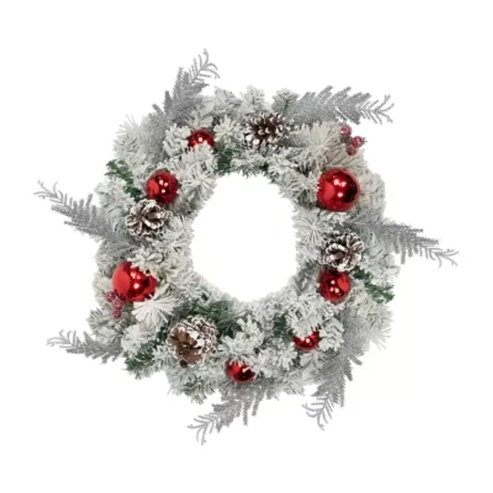 Flocked Pine with Red Ornaments Artificial Christmas Wreath  24-Inch  Unlit