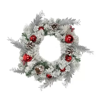 Flocked Pine with Red Ornaments Artificial Christmas Wreath  24-Inch  Unlit
