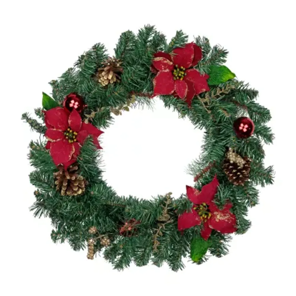 Pine  Poinsettia  Berry and Pine Cone Artificial Christmas Wreath  24-Inch  Unlit