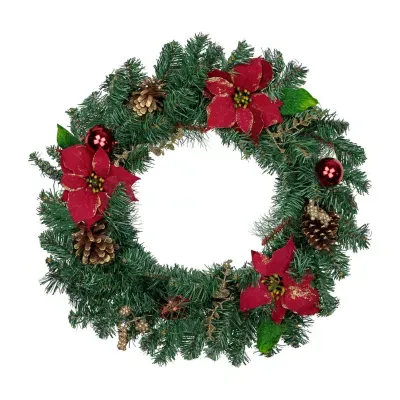 Pine  Poinsettia  Berry and Pine Cone Artificial Christmas Wreath  24-Inch  Unlit