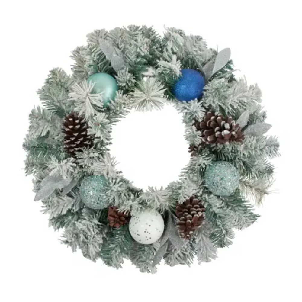 Flocked Pine with Blue and Silver Ornaments Artificial Christmas Wreath  24-Inch  Unlit