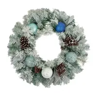 Flocked Pine with Blue and Silver Ornaments Artificial Christmas Wreath  24-Inch  Unlit