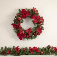 6' x 9'' Red Pre-Decorated Poinsettia and Pine Cone Artificial Christmas Garland - Unlit