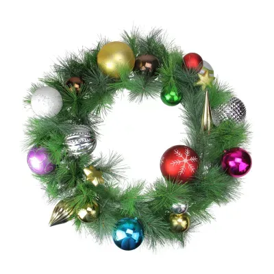 Multi-Colored Ornaments and Artificial Pine Christmas Wreath  24-Inch  Unlit