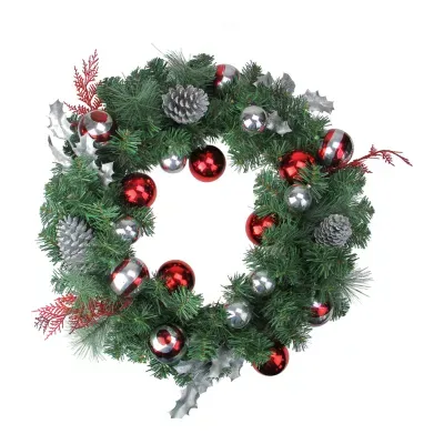 Red and Silver Ornaments Artificial Christmas Wreath - 24-Inch  Unlit