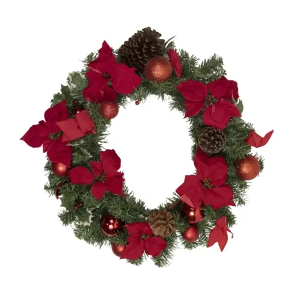 Poinsettia with Pinecone and Ball Artificial Christmas Wreath  24-Inch  Unlit