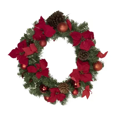 Poinsettia with Pinecone and Ball Artificial Christmas Wreath  24-Inch  Unlit