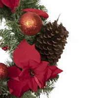 Poinsettia with Pinecone and Ball Artificial Christmas Wreath  24-Inch  Unlit