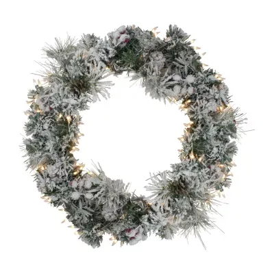 Pre-lit Heavily Flocked Berries and Pine Cones Artificial Christmas Wreath - 24-Inch  Clear Lights