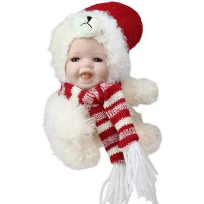5.75'' White and Red Baby in Polar Bear Costume with Santa Hat Collectible Christmas Doll