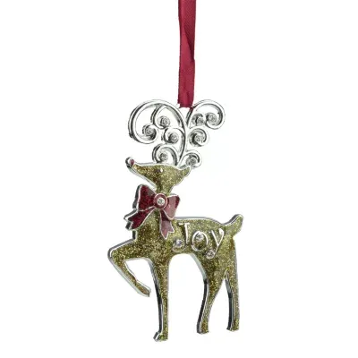 3.75'' Gold and Red European Glitter ''Joy'' Reindeer Christmas Ornament