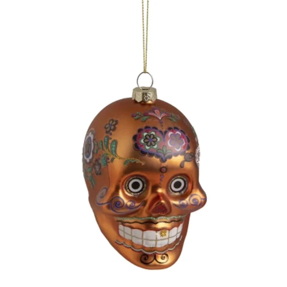 4'' Orange Day of the Dead Glass Skull Halloween Ornament