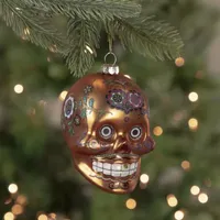 4'' Orange Day of the Dead Glass Skull Halloween Ornament