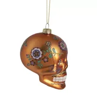 4'' Orange Day of the Dead Glass Skull Halloween Ornament