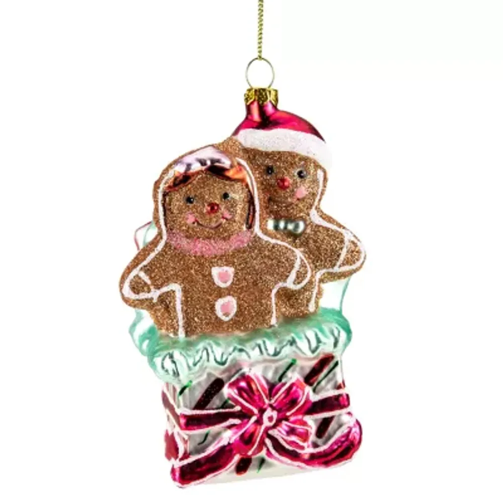 4.5'' Glittered Gingerbread Couple in Gift Box Glass Christmas Ornament