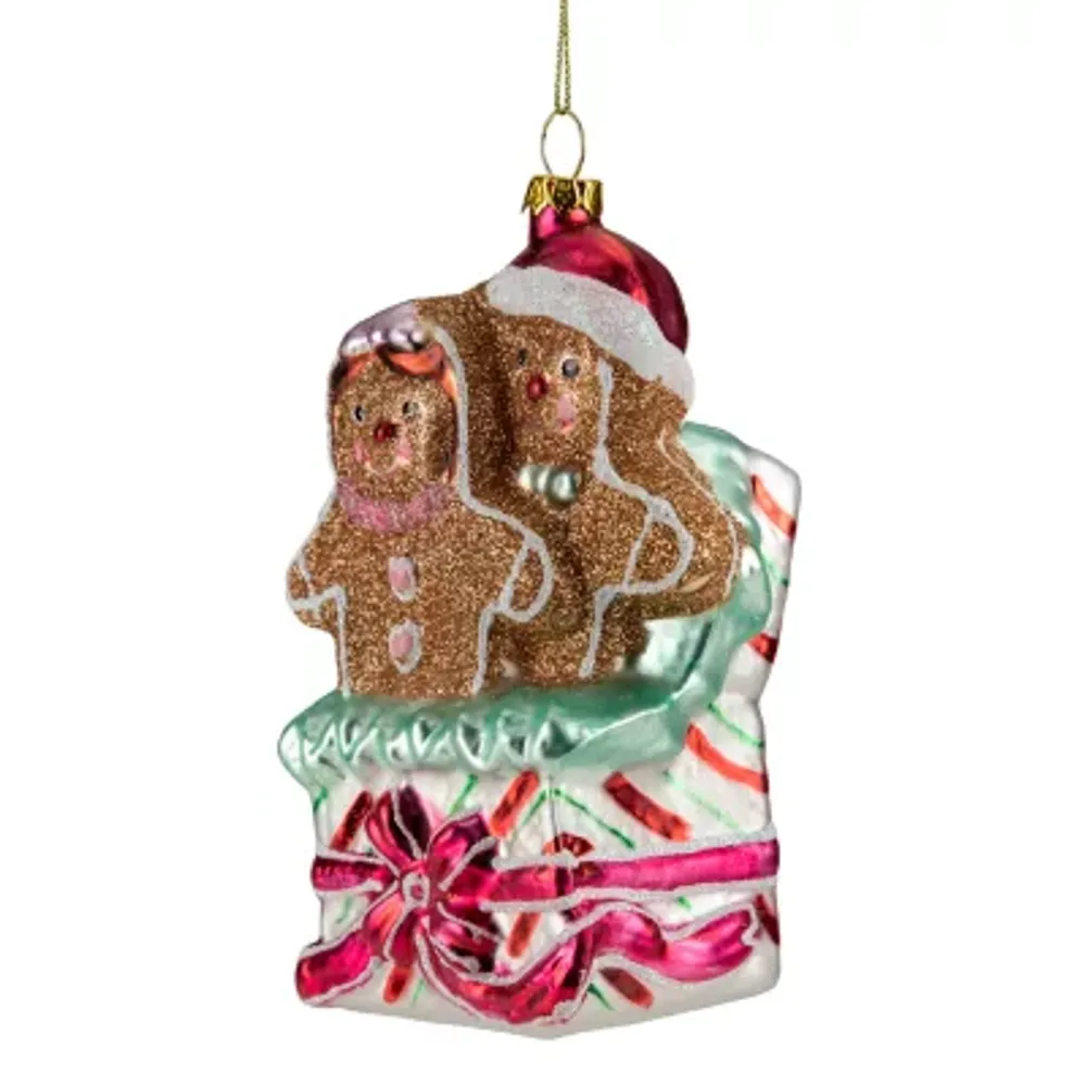 4.5'' Glittered Gingerbread Couple in Gift Box Glass Christmas Ornament