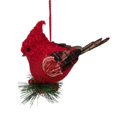 5'' Red Burlap Cardinal with Pine Needles and Berries Christmas Ornament