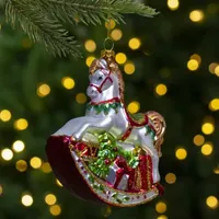 5'' White and Red Rocking Horse with Gifts Glass Christmas Ornament