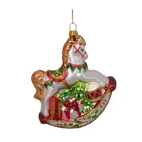 5'' White and Red Rocking Horse with Gifts Glass Christmas Ornament