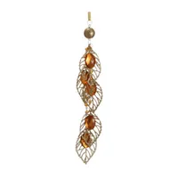 8.5'' Gold Glittered Amber Jeweled Leaf and Bead Pendant Christmas Ornament