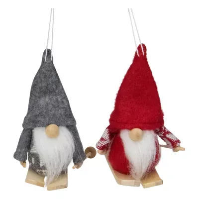 Set of 2 Gray and Red Skiing Santa Gnome Christmas Ornaments 4"