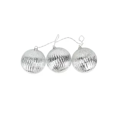 Set of 3 Lighted Silver Mercury Glass Finish Ribbed Ball Christmas Ornaments - Clear Lights