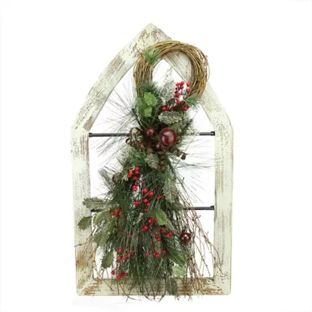 29.5'' White Window Frame with Mixed Pine and Berry Swag Christmas Wall Decoration