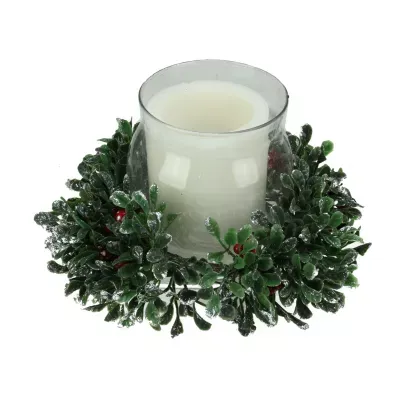 6'' Clear and Green Boxwood with Berry Tipped Christmas Hurricane Pillar Candle Holder