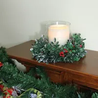 6'' Clear and Green Boxwood with Berry Tipped Christmas Hurricane Pillar Candle Holder