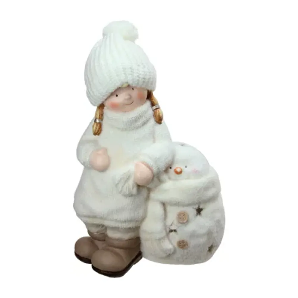 17.25 White Tealight Snowman with Standing Girl Christmas Candle Holder