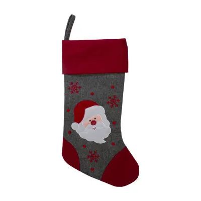 19'' Gray and Red Embroidered Santa Claus Christmas Stocking