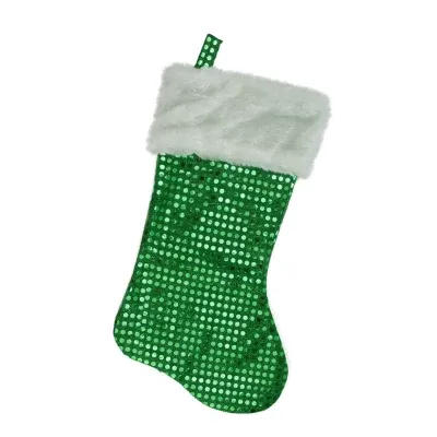 18'' Green and White Faux-Fur Cuffed Disco Sequined Christmas Stocking