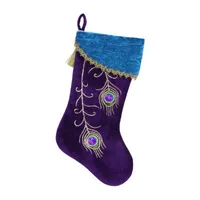 19'' Purple Velvet Regal Peacock Embroidered Feather Christmas Stocking with Gold Tassel