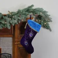 19'' Purple Velvet Regal Peacock Embroidered Feather Christmas Stocking with Gold Tassel
