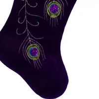 19'' Purple Velvet Regal Peacock Embroidered Feather Christmas Stocking with Gold Tassel