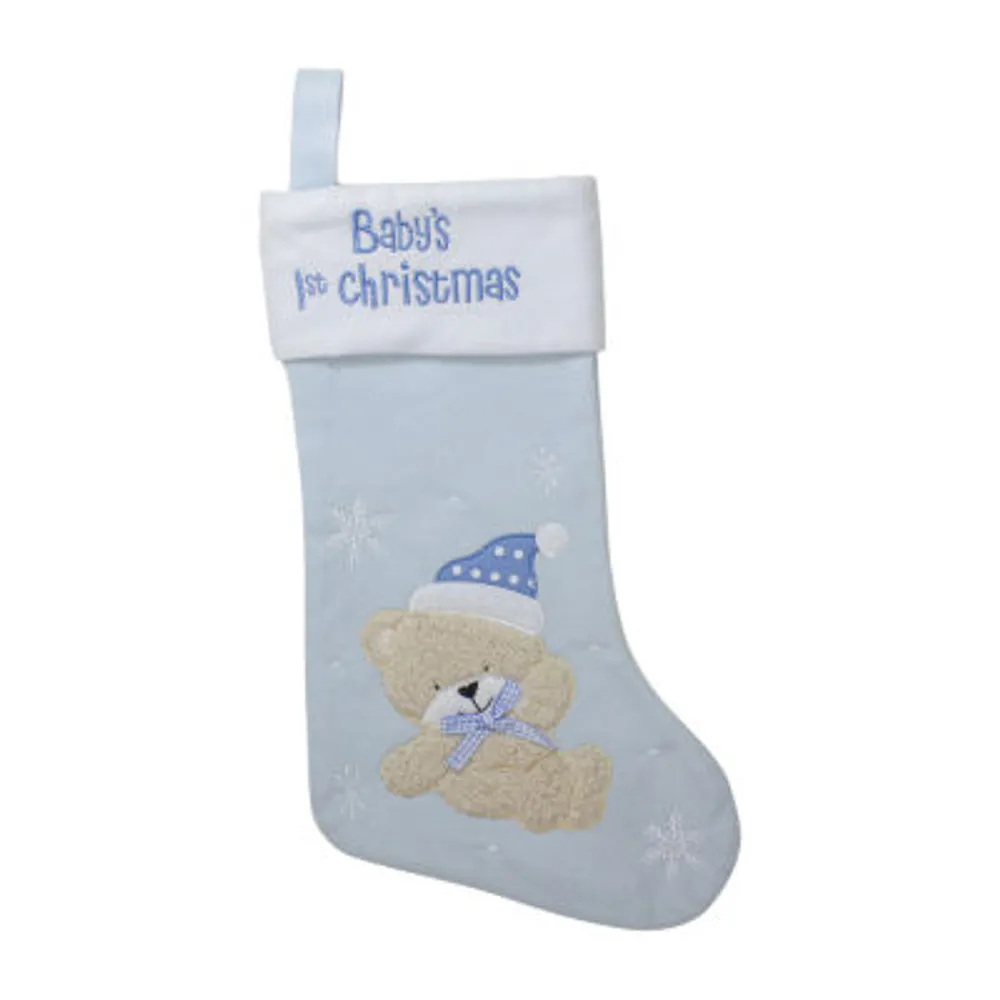 19'' Blue and White Baby's 1st Christmas Embroidered Teddy Bear Christmas Stocking